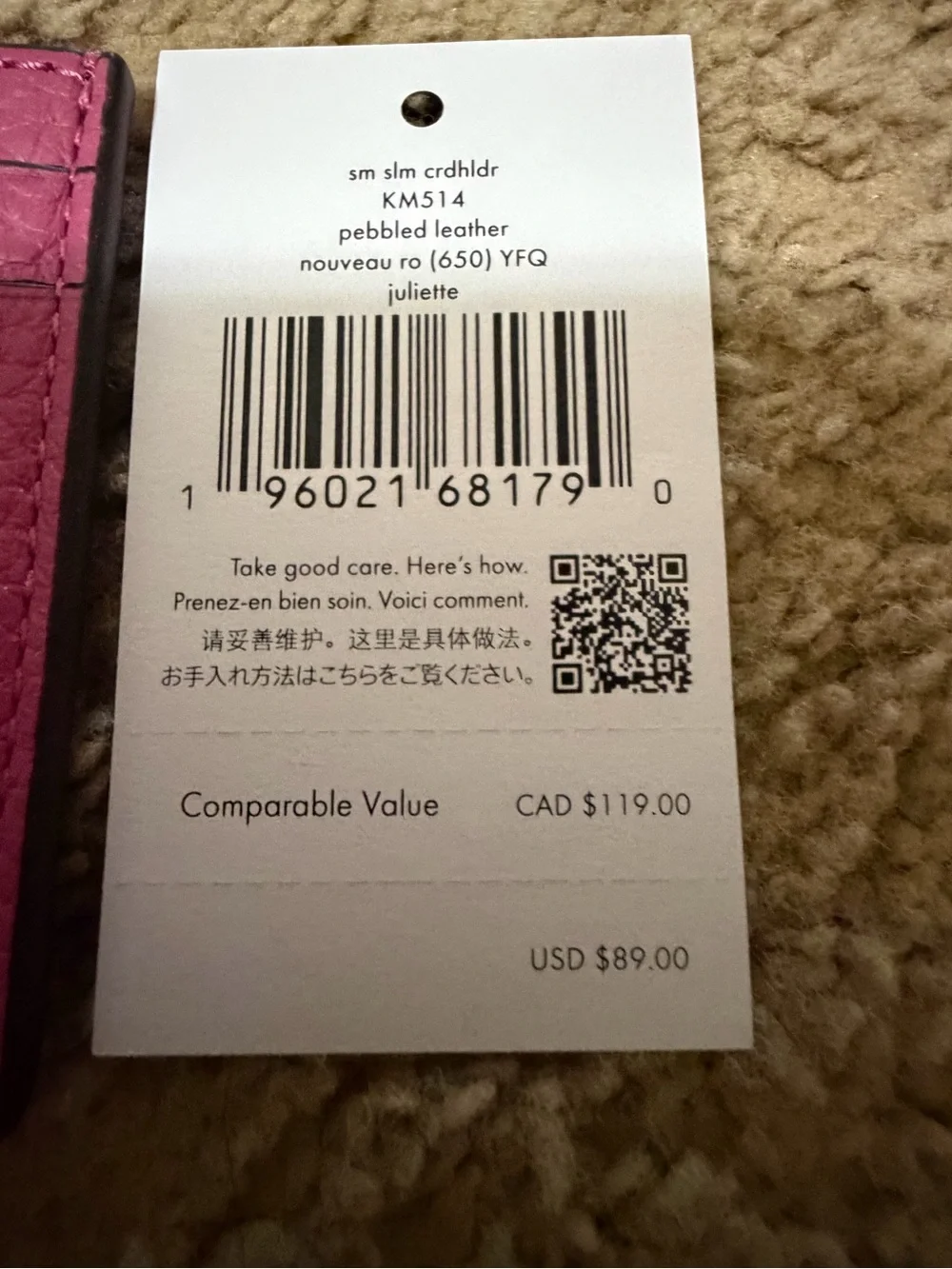kate spade New York Hot Pink Pebbled Leather Card Holder with Gold Logo